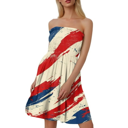 CHCNHAC 4th Of July Tube Dresses for Women Red White and Blue Graphic Dresses Patriotic Flattering Flowy Swing Strapless Beach Dress Hot Pink XL