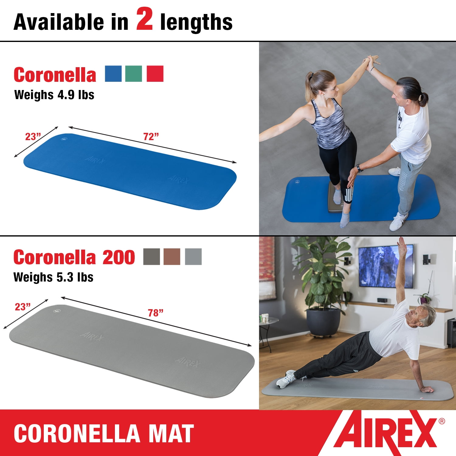 72 x 23 x 5/8 Gym Floor Blue Yoga Airex Coronella Workout Exercise Mat for Fitness Pilates