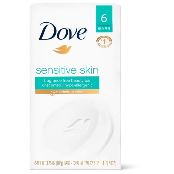 Dove Beauty Bar More Moisturizing Than Bar Soap Sensitive Skin With Gentle Cleanser for Softer Skin, Fragrance-Free, Hypoallergenic Beauty Bar 3.75 oz, 6 Bars
