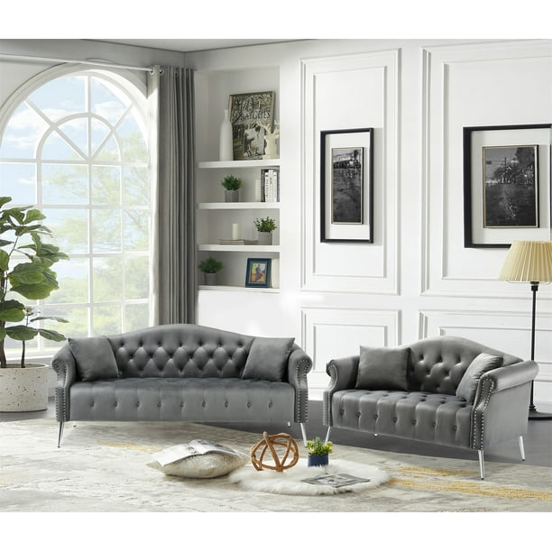2 Pieces Sectional Sofa Set, Classic Chesterfield Sofa Set with Loveseat and 3 Seater Sofa