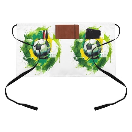 Soccer Sport Kitchen Restaurant Half Waist Apron, Modern Dynamic Football Match Abstract Green Yellow Waves Server Short Apron with 3 Pockets Waterproof Oil Waist Aprons for Women Waitress Waiter