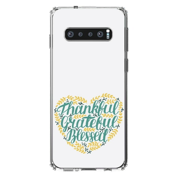 DistinctInk Clear Shockproof Hybrid Case for Samsung Galaxy S10  PLUS(6.4" Screen) - TPU Bumper, Acrylic Back, Tempered Glass Screen Protector - Thankful / Grateful / Blessed - Heart Flowers