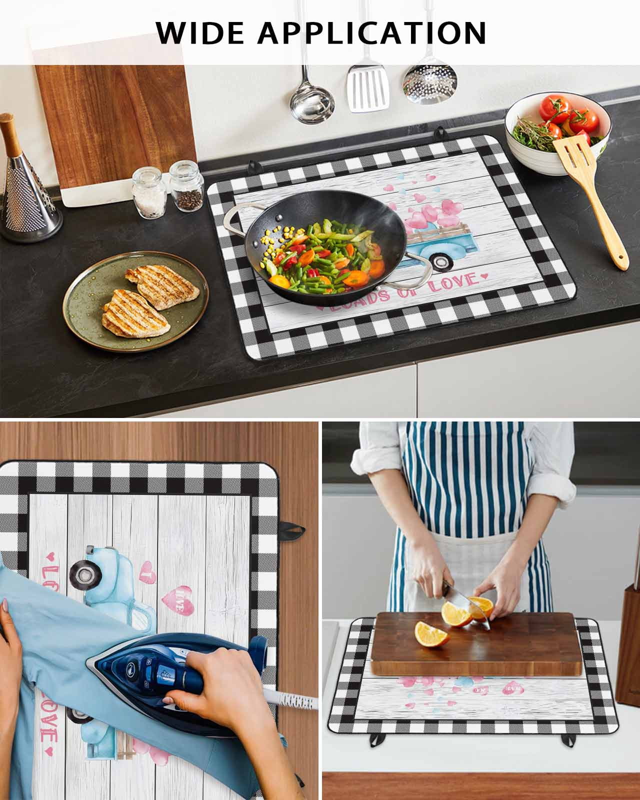 Large Induction Cooktop Protector Mat Valentine's Day Stove Top Covers for Electric Stove, Blue Love Truck Buffalo Plaid Romantic Wood Decorative Stove Burner Cover Mats, Glass Top Stove Cover