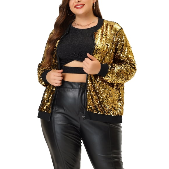 Agnes Orinda Women's Plus Size Metallic Jacket Sparkle Party Sequin Bomber Jackets 3X Gold