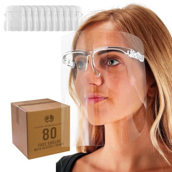 TCP Global Salon World Safety Face Shields with All Clear Glasses Frames (Case of 80) - Ultra Clear Protective Full Face Shields to Protect Eyes, Nose, Mouth - Anti-Fog PET Plastic, Goggles