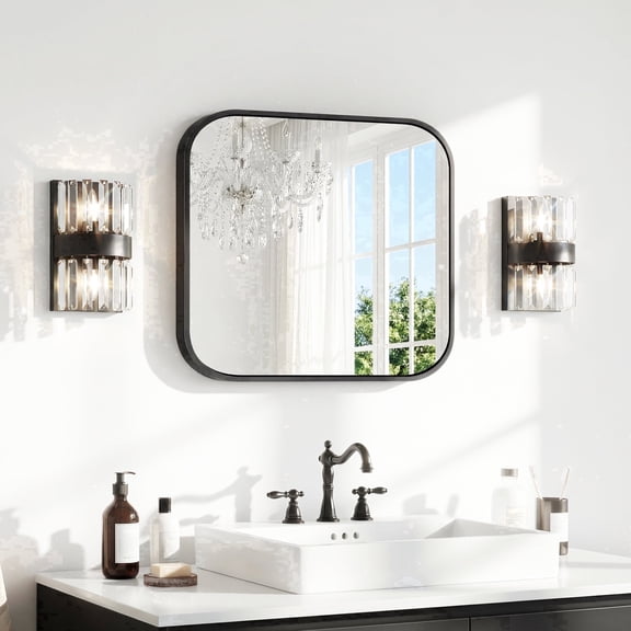 VONIGEE 18"x18" Bathroom Wall Mirror Rounded Corners with Black Aluminum Frame Vanity Mirror