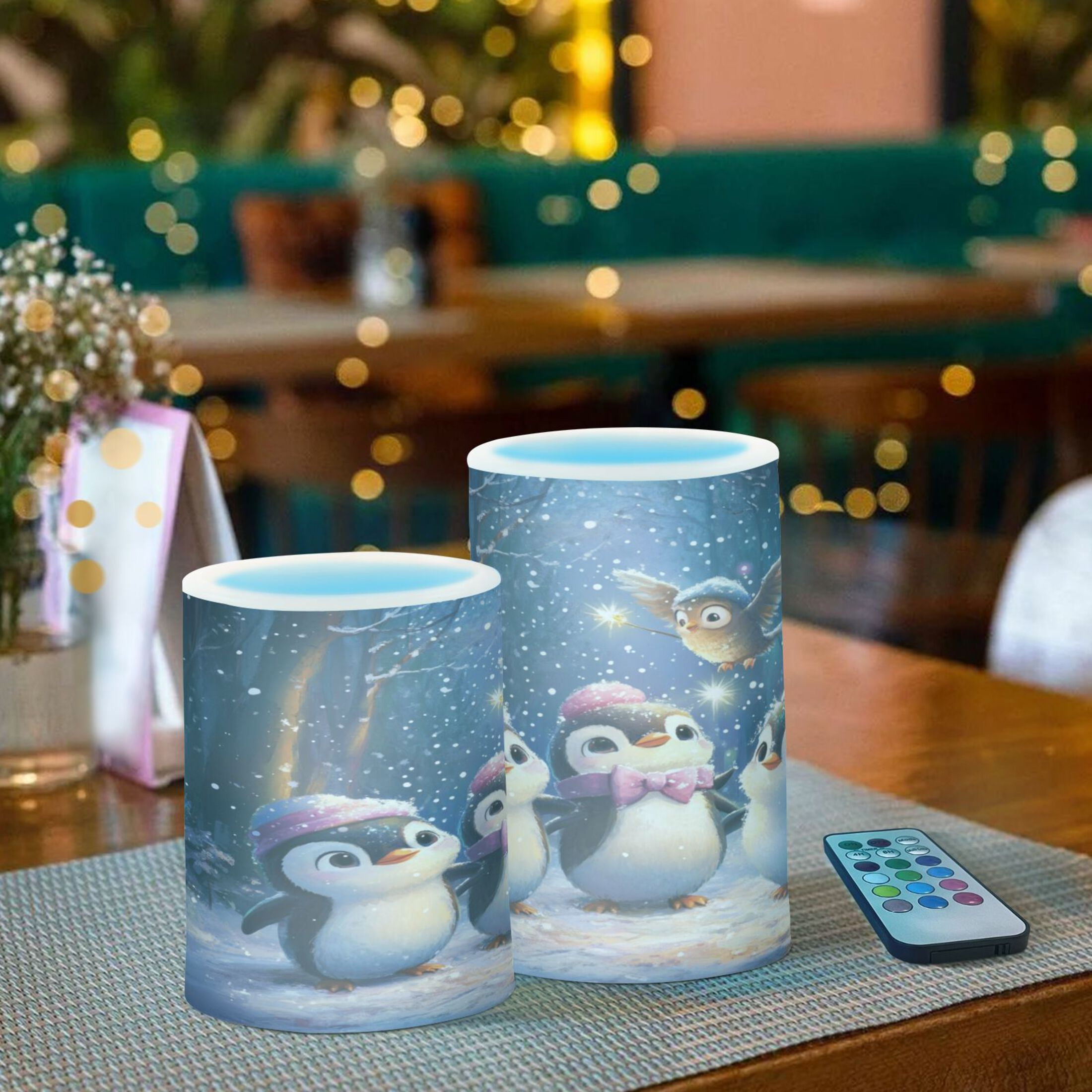 WOBOGO Size Combo Candle Flickering Flameless with Remote Control and Timer for Romantic Atmosphere Three Cute Cartoon Penguins