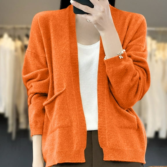 Hueook Womens Cardigan Sweaters Women's Fashion Casual Winter Solid Color Long Sleeve Short Knitted Cardigan Shawl Coat Orange XL