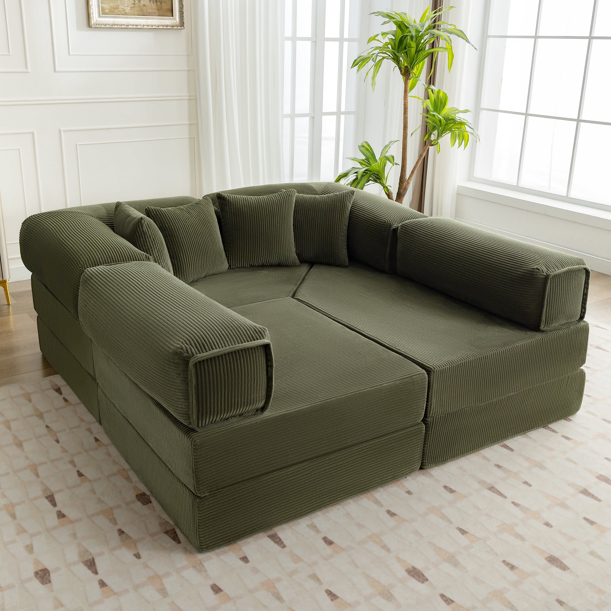 COOLHUT 106.3" W Combination Floor Sofa, High Rebound Density Sponge Sofa Couch, Modular Sectional Sofa L-Shape Corduroy Couch with Chaise, Big Comfy Sleeper Floor Sofa for Living Room,Olive Green