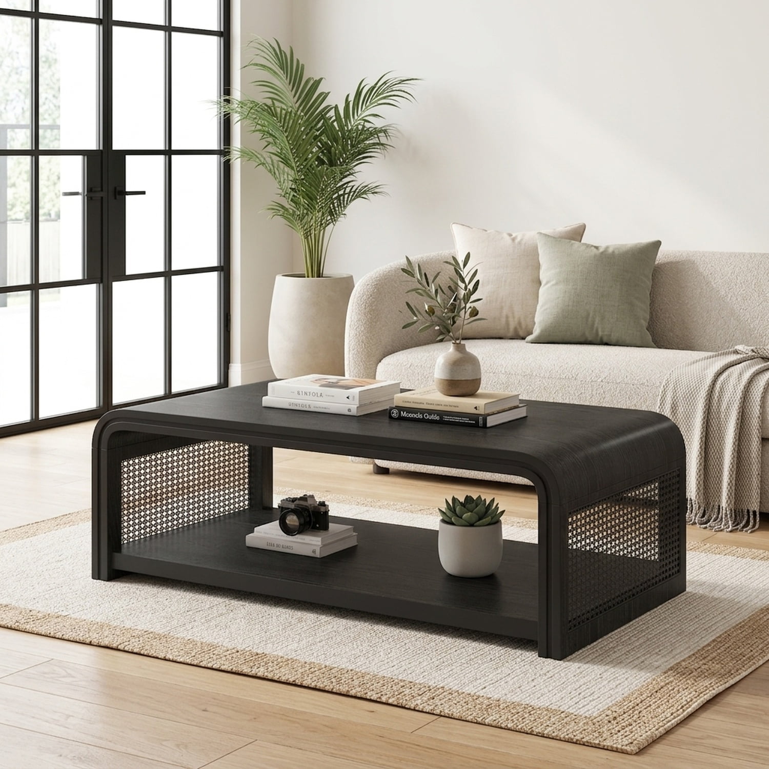 Curved Rectangular Coffee Table with Rattan Sides - Boho Farmhouse Style