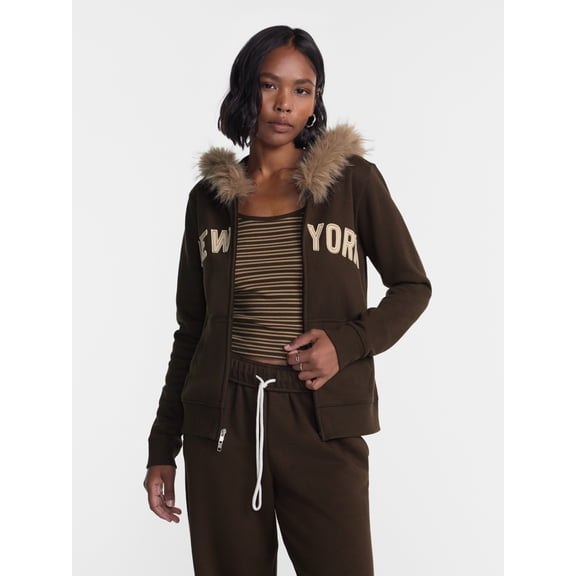 No Boundaries Zip Up Hoodie with Faux Fur Trim, Women’s XXS-XXL