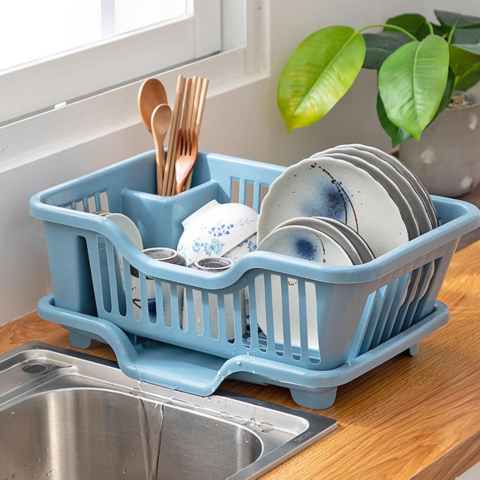 Dish Drying Rack Dish Strainers Cutlery Holder Utensils Holder Dish Rack and Drainaboard Set for Kitchen Countertop Dining Room Restaurant Blue