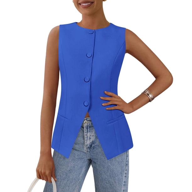 Chaleco PRETTYGARDEN 2025 sin mangas con botones azul XL