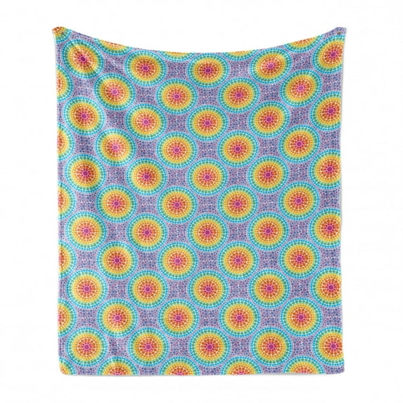 Geometric Soft Flannel Fleece Throw Blanket, Rainbow Colors of Repeating Concentric Circles in Dot Art Style Illustration, Cozy Plush for Indoor and Outdoor Use, 70" x 90", Multicolor, by Ambesonne
