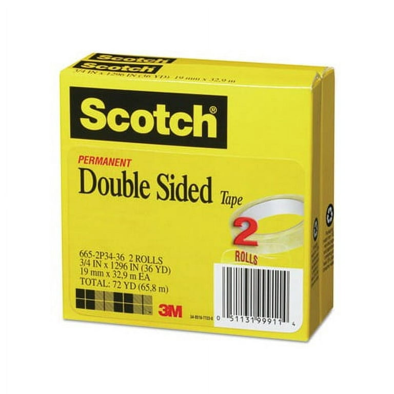 3M Scotch Permanent Double-Sided Tape, 1/2 x 25 Yard Roll 1” Core 665
