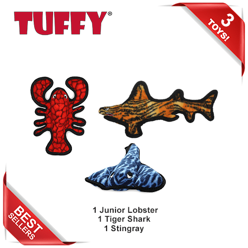 TUFFY® - World's Tuffest Soft Dog Toy - Jr Lobster, Stingray & Tiger Shark - Combo Pack - Squeakers - Multiple Layers. Made Durable, Strong & Tough.(Tug, Toss & Fetch). Machine Washable & Floats