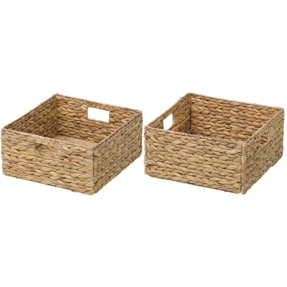 eHemco Large Square Woven Hyacinth Wicker Pantry Storage Baskets with Iron Wire Frame, 12"x12"x6", Natural, Set of 2