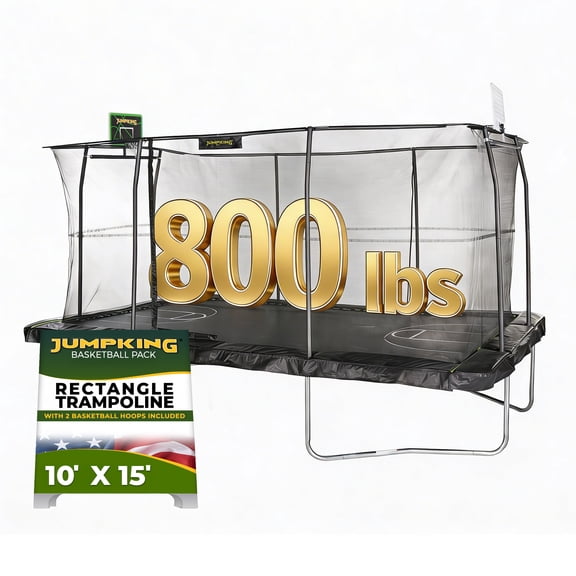 JumpKing 10'x15' Rectangle Trampoline with 2 Powder Coated Basketball Hoops & Breakaway Rim and Ladder- Large Recreational Trampoline for Kids and Adults with Enclosure Net