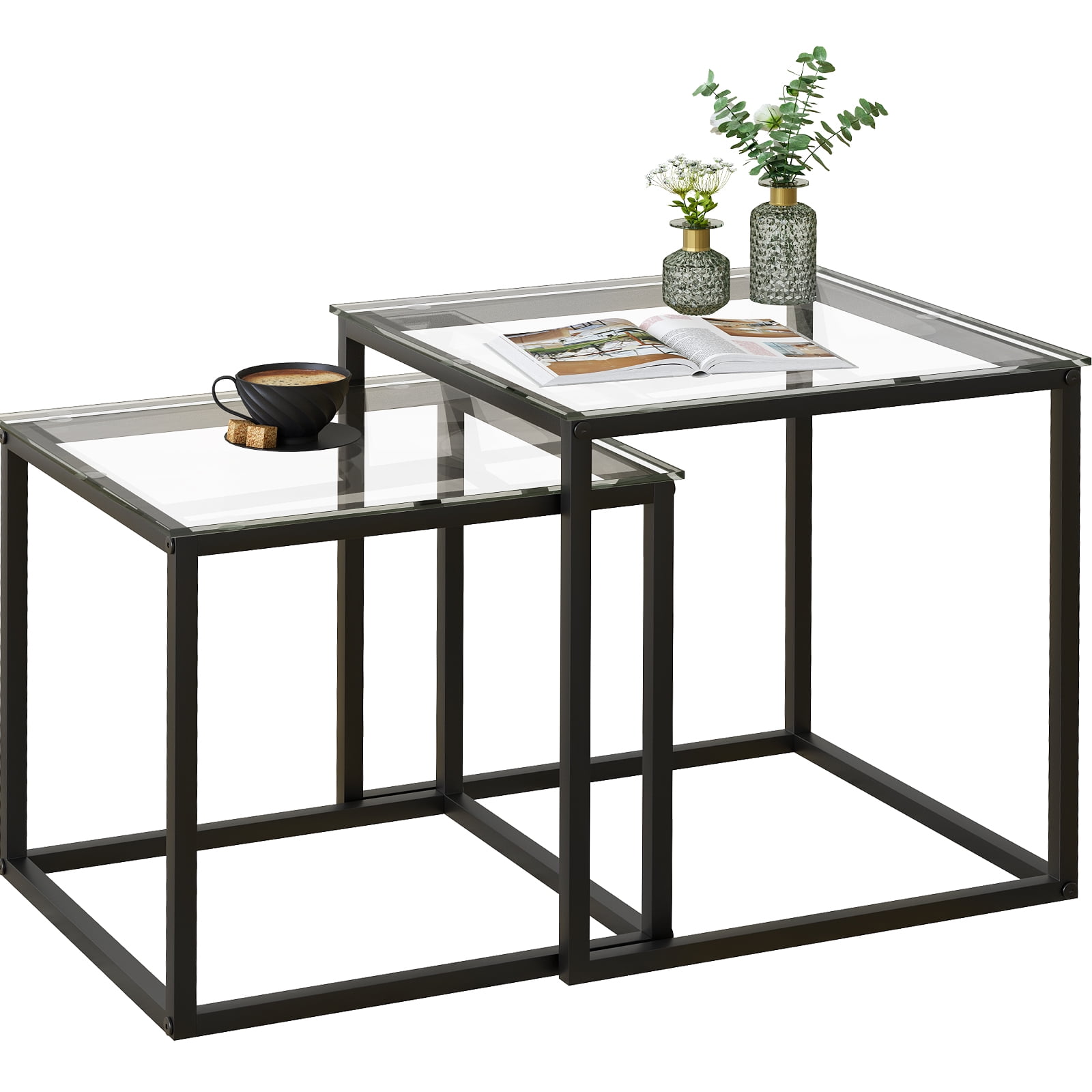 Coffee Table Set of 2, Modern Black Glass Side Table, Metal Frame Square End Table, Center Tables,Nesting Coffee Table for Living Room,Bedroom and Small Spaces