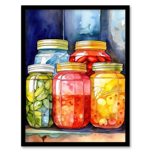 Glass Canning Jars with Olives on Shelf Colourful Watercolour Painting Food Preserve Kitchen Artwork Art Print Framed Poster Wall Decor 12x16 inch