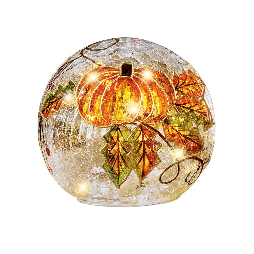 Collections Etc Lighted Sparkling Pumpkin Cracked Glass Ball SMALL