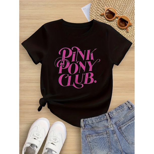 Moda para chicas dulces: camiseta de algodón puro para niñas, fuente rosa PINK PONY CLUB, con estilo dulce y sentimiento de niña.