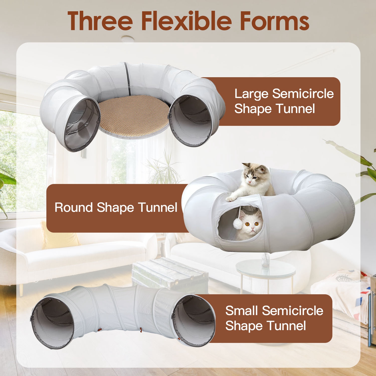 Moclever Cat Tunnel Bed with Interactive Hanging Ball, Indoor Circle Cat Tunnel with Cooling Fabric Central Soft Cushion for Cats Dogs, Gray
