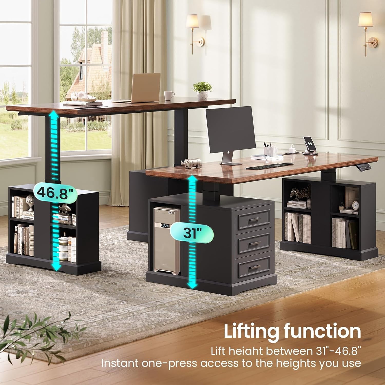 Electric Standing Desk with 3 Wood Drawers, Farmhouse Computer Desk with Power Outlets & Open Shelves, 63" Height Adjustable Home Office Desk, Stand Up Desk with Spacious Desktop & Storage, Black