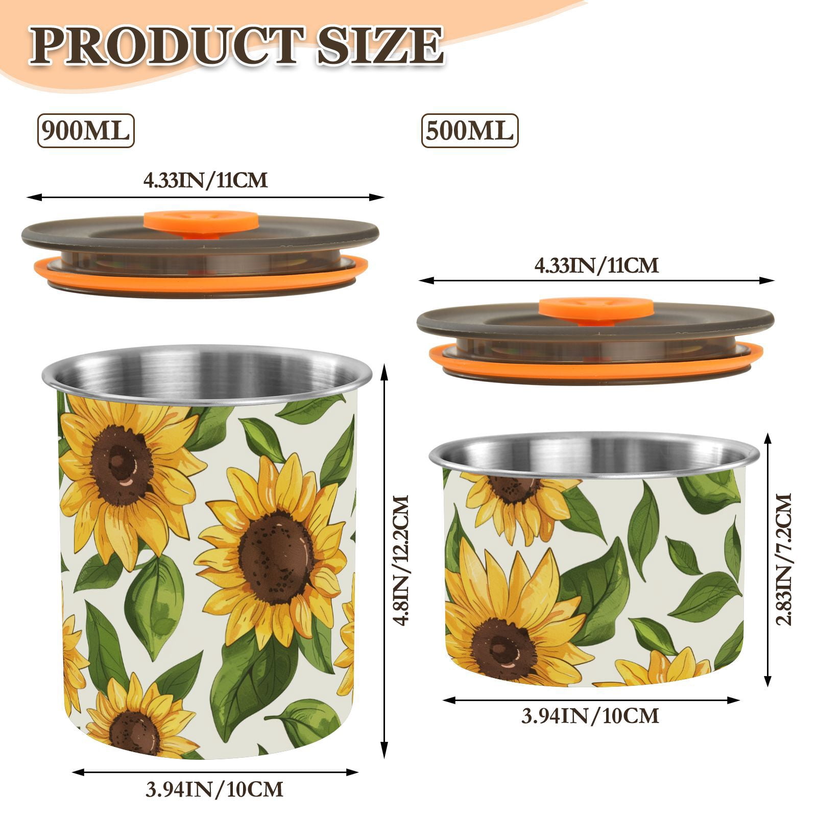 Retro Sunflower Leaves Airtight Coffee Bean Canister 30oz Food Storage Containers with Lids For Gournd, Tea, Sugar, Flour, Rice, Cereal, Candy Cookie Jar