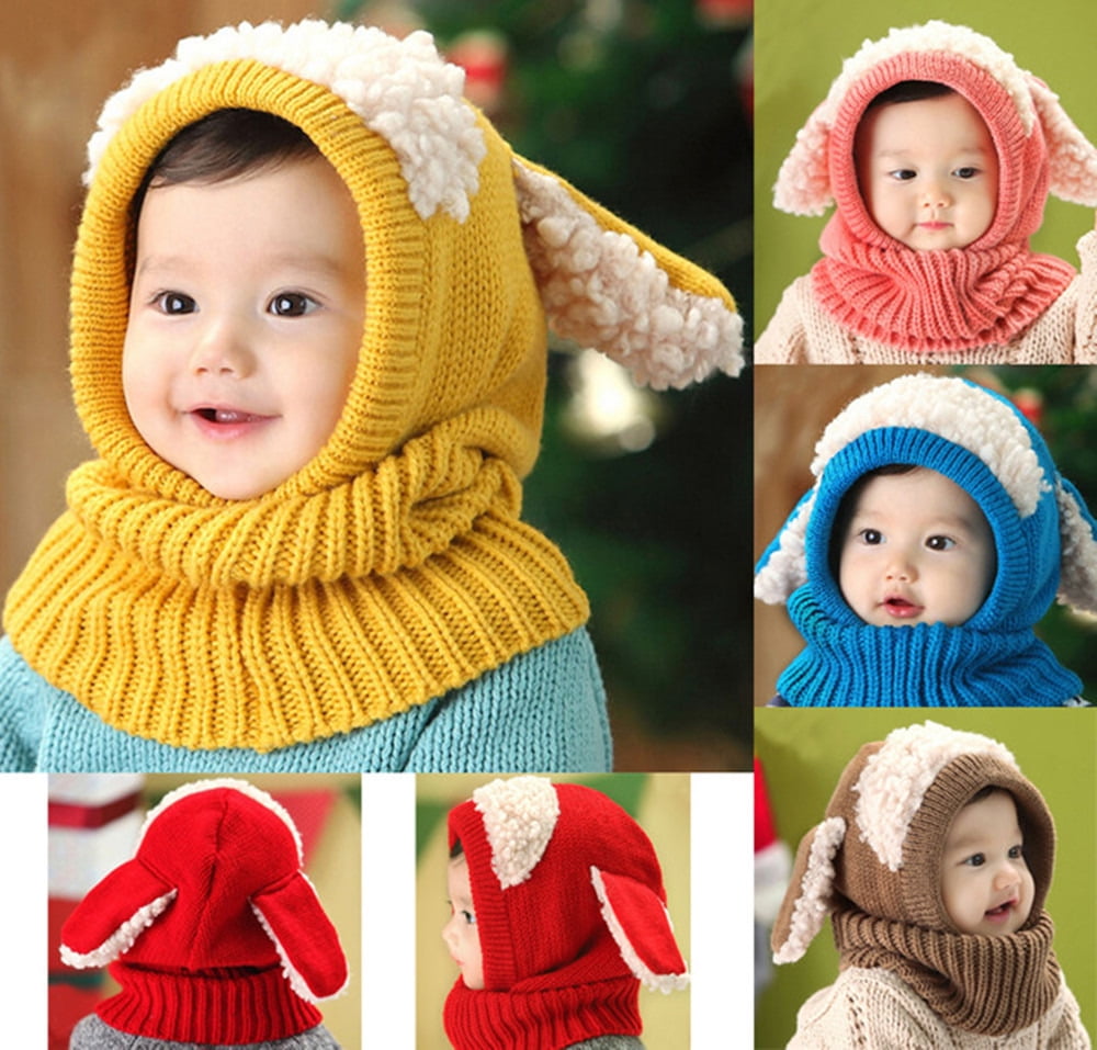 Toddler Kids Baby Boy&Girl Hooded Scarf Caps Hat Winter Warm Knit Flap Cap Scarf