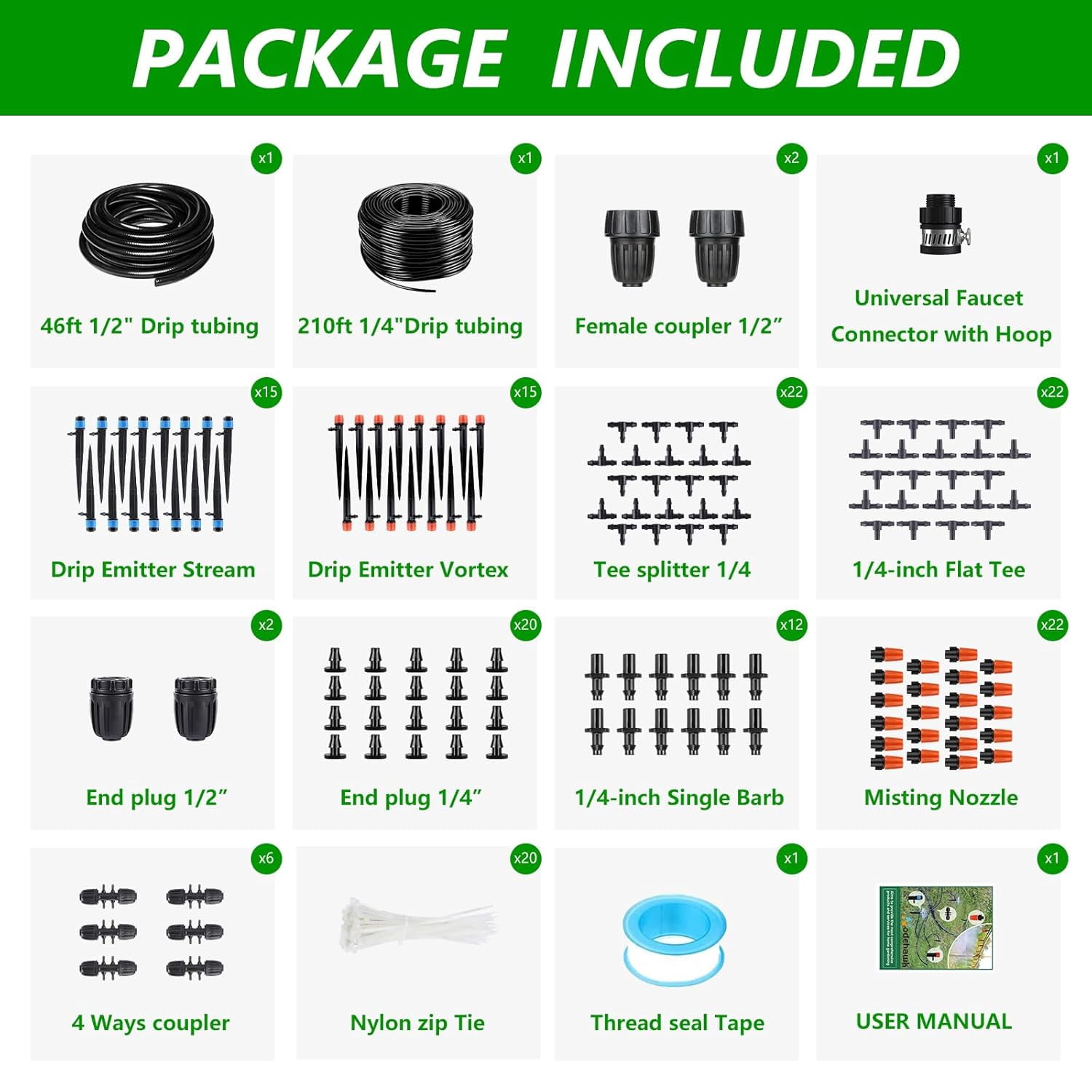 256 Ft Automatic Drip Irrigation System Kit for Greenhouse, Yard, Plant and Lawn, With 1/2 In Hose, 1/4 In Distribution Tubing and Accessories
