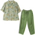 thumbnail image 5 of Traje de lino de algodón de dos piezas informal vintage con estampado grande y holgado de estilo coreano para verano, ropa nueva para mujer, 5 of 5