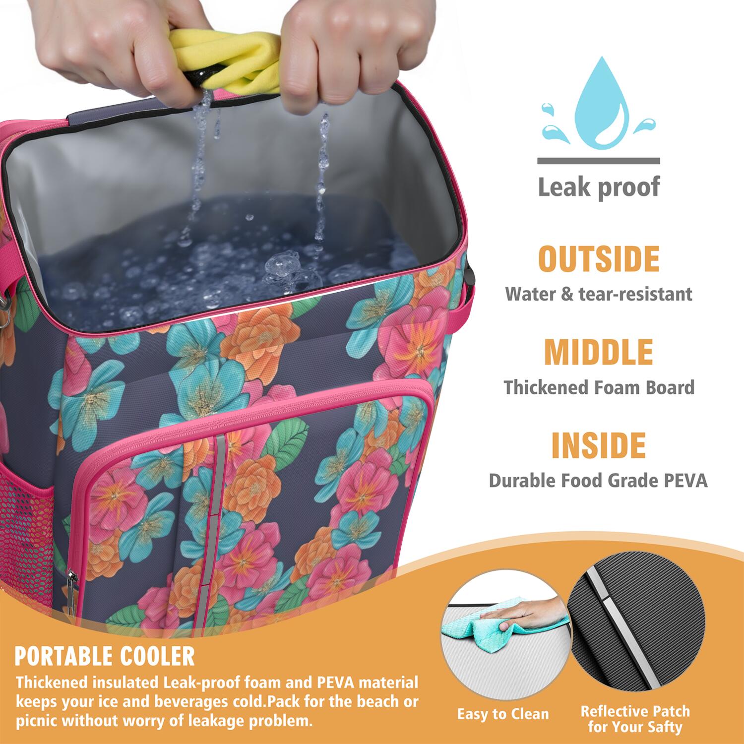 Travel Cooler Bag - Pioneer Flower Floral Print Pattern Camping Beer Cooler Backpack with Bottle Opener- Waterproof Insulated Picnic Backpacks - Cooler Bag for Beach