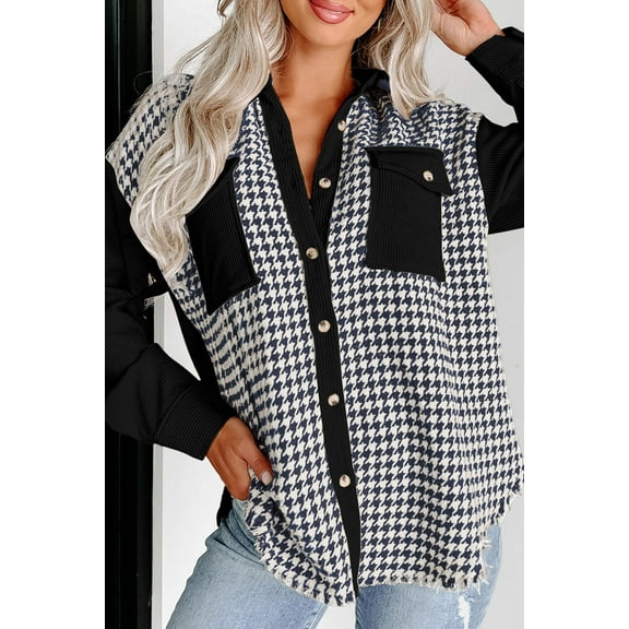 Black Houndstooth Corduroy Patchwork Flap Pocket Shacket