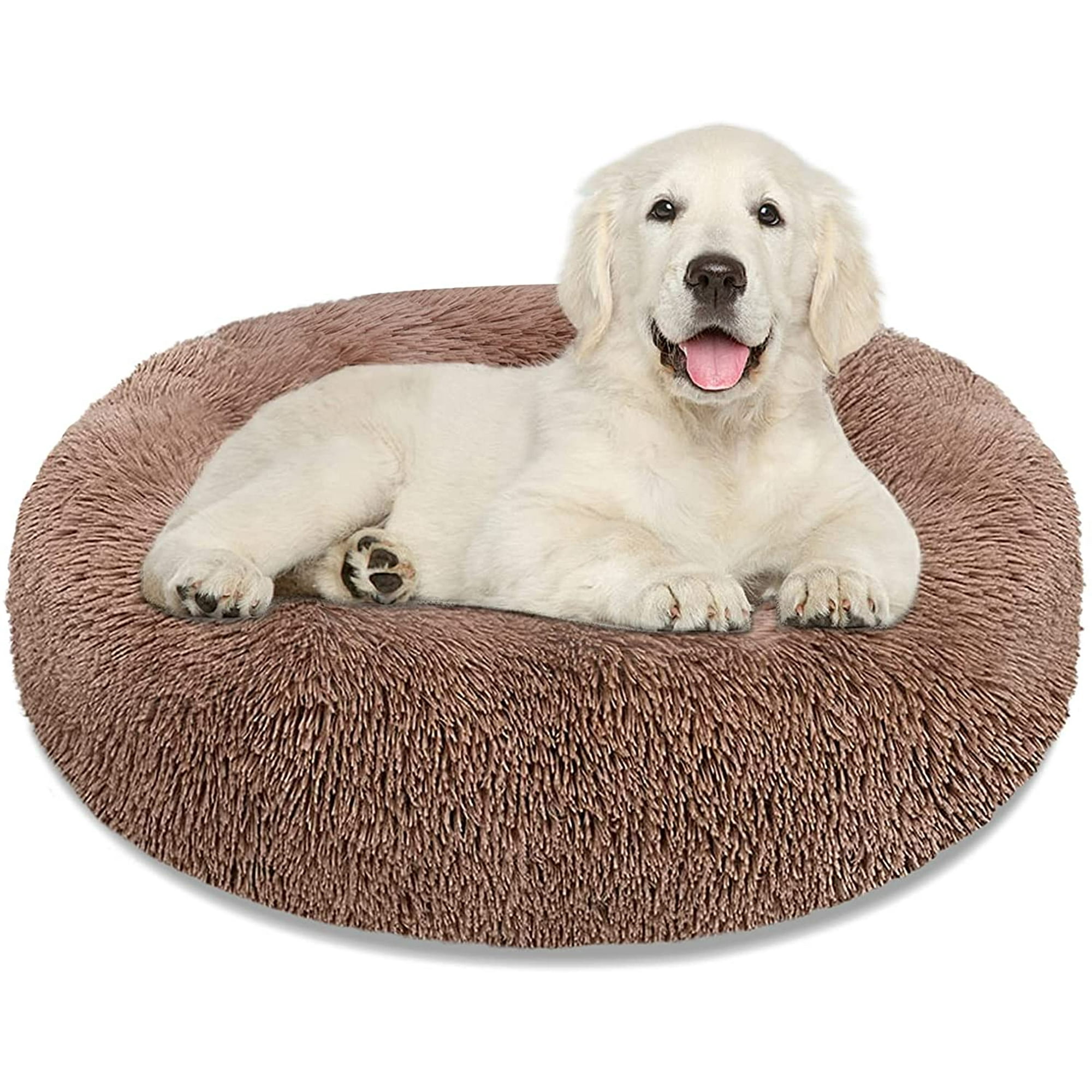 Iguohao Calming Dog Bed Cat Bed Donut Cuddler Anti Anxiety Dog Bed For Medium Dogs Cats Machine Washable Round Warm Bed Faux Fur Pet Bed Waterproo