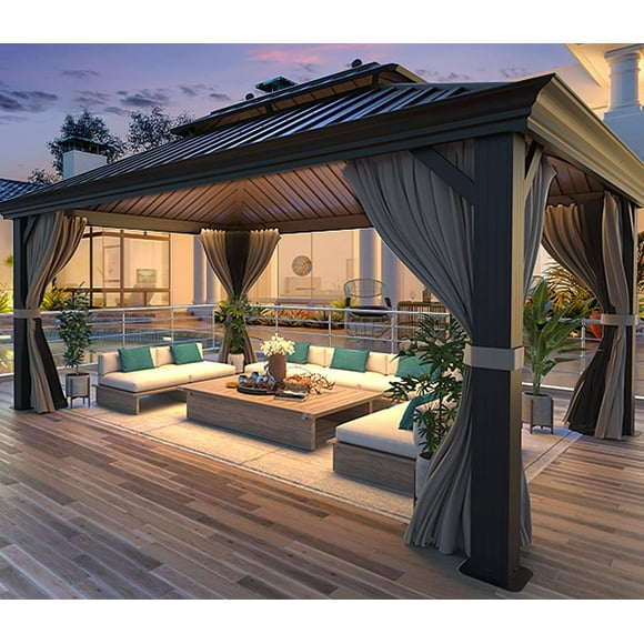 MELLCOM 12' x 16' Hardtop Gazebo, Galvanized Steel Metal Double Roof Aluminum Gazebo with Netting, Brown Permanent Pavilion Gazebo with Frame for Patios, Gardens, Lawns
