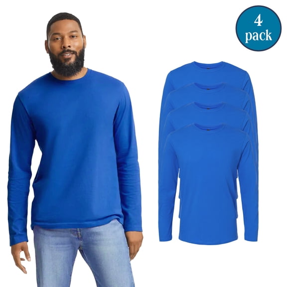 Gildan Softstyle Long Sleeve Tee for Men, Royal Crewneck T-Shirt, 4 Pack Shirts, S