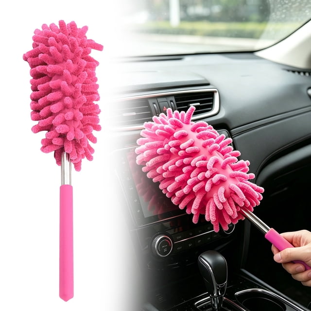 Microfiber Extendable Hand Duster - Washable Telescopic Pole Car Cleaning Brush, Retractable for High Shelves, Ceiling (Bright Rose Red, 1 Pack)