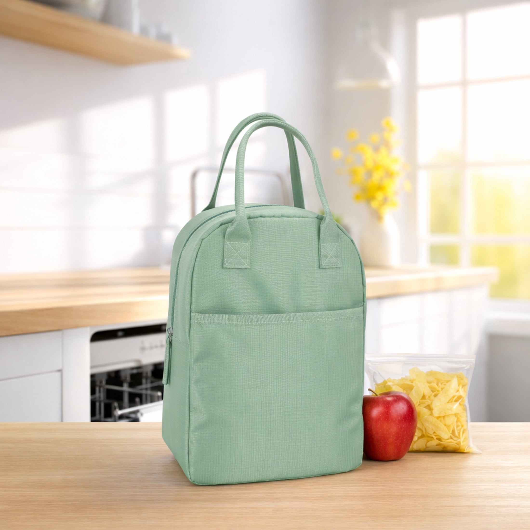 Mainstays Green Reusable Rounded Top Polyester Lunch Bag with Zippered Main Compartment and Front Pocket, Ideal Use for School, Workday Meals and Travel
