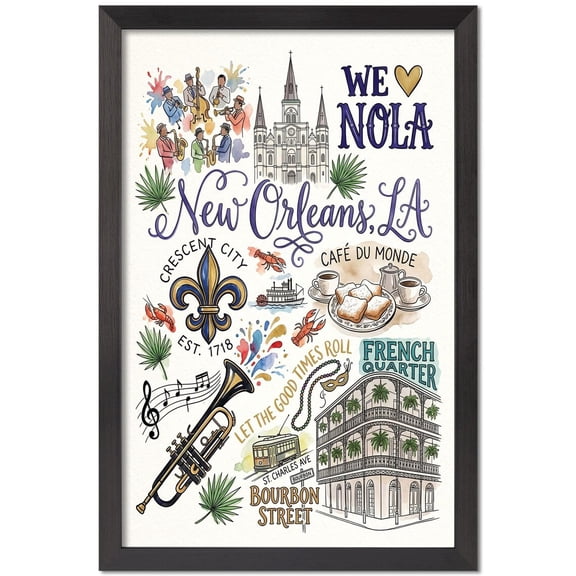 New Orleans Louisiana Print, NOLA Wall Art, French Quarter Landmarks Poster