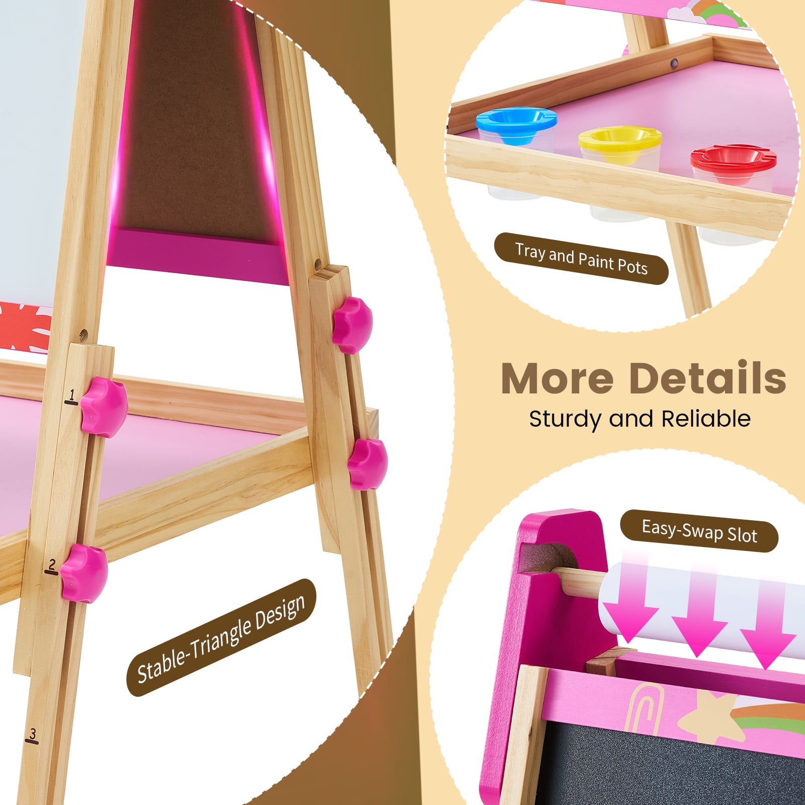 CONCETTA Kids Easel, Double-Sided Magnet Whiteboard & Chalkboard with Paper Roll, Storage Shelf & Accessories, Pink