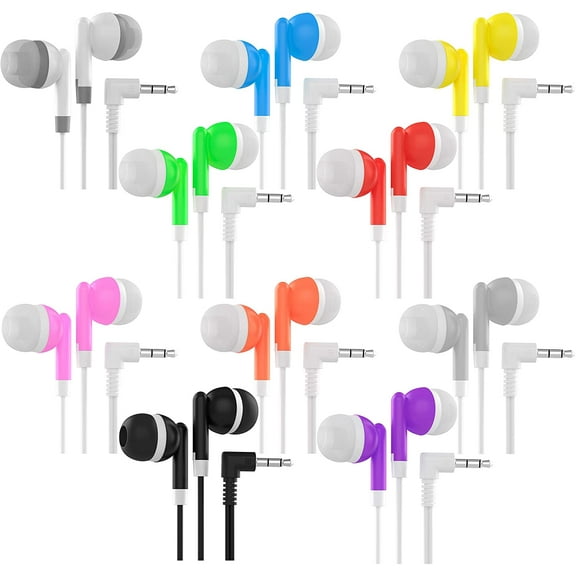 10 Pack Earbuds Headphones - School / Library / Office Supplies Wholesale Bulk Replacement Earphone Earbuds for Kids, Adults - Individually Bagged Gift - Assorted Colors