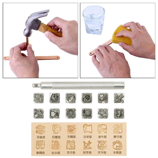 Langgg 12pcs Leather Craft Working Saddle Making DIY Handmade Genuine Cowhide Carving Tools Carving Metal Stamps Set Constellation