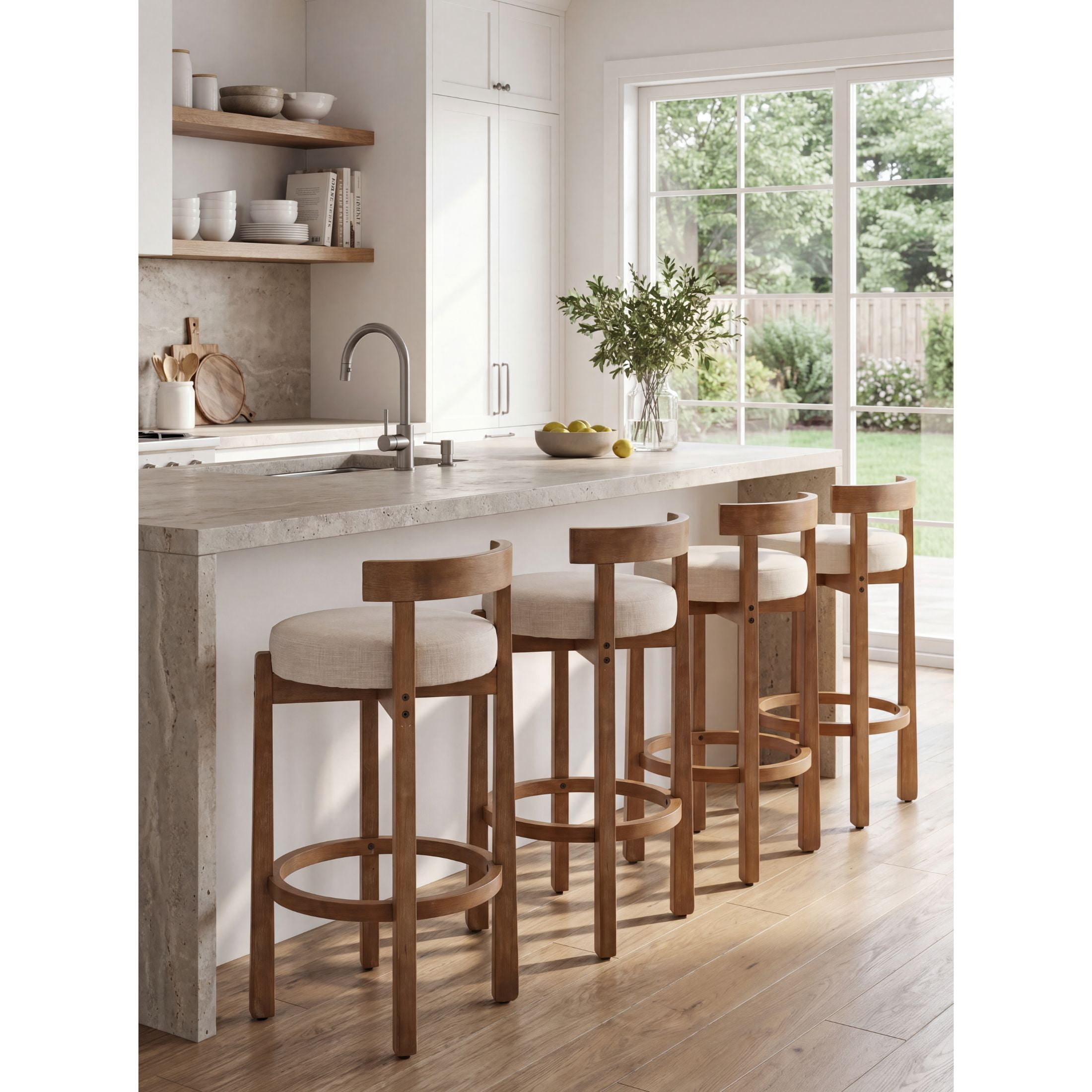 Guyou Bar Stools Set of 2, Mid Century Modern 30" Armless Island Bar Stools with Curved Back and Wooden Frame, Round Kitchen Stools with Footrest for Restaurant Bar Kitchen Island, Beige