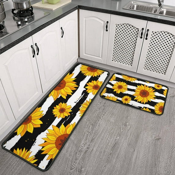 Sunflower Kitchen Rugs and Mats Set of 2, Seasonal Sunflowers Non-Slip Backing Kitchen Rug, Kitchen Sets Low-Profile Washable Floor Mat for Home Kitchen Decor - 17x29 and 17x47 Inch