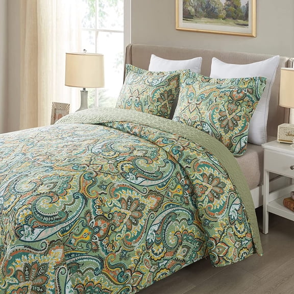 Cotton Bedspread Quilt Sets-Reversible Patchwork Coverlet Set, European Green Floral Pattern, Queen Size