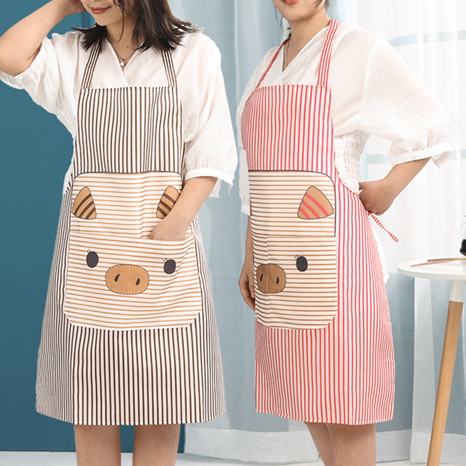 Women Animal Tree Printed Cooking Kitchen Baking Bib Apron With Pocket 