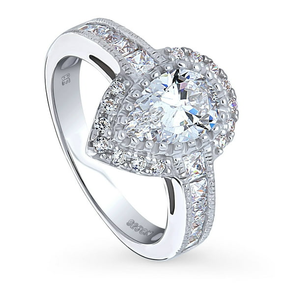 BERRICLE Sterling Silver Halo Wedding Engagement Rings Pear Cut Cubic Zirconia CZ Milgrain Ring for Women, Rhodium Plated Size 6.5