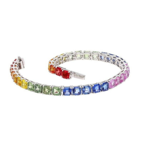 Rainbow sapphire bracelet 18k gold plated silver jewelry / Natural 4MM square cut gemstone bracelet / Multi sapphire tennis bracelet