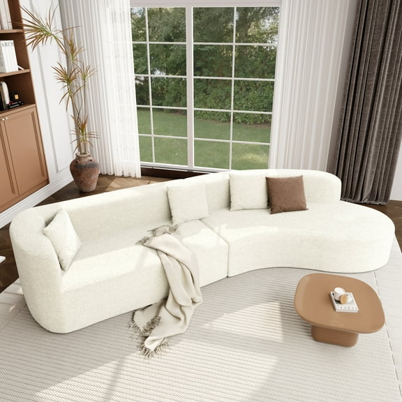 132" Modern Sectional Sofa with Curved Design, 2-Piece Chenille Modular Couch with 4 Pillows, Large Sponge Modular Sofa for Living Room, Beige